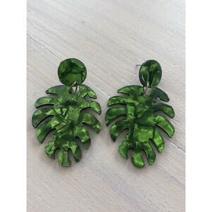 Monstera Leaf Post Earrings  Women Green Marbled Resin Statement Dangle Drop EUC